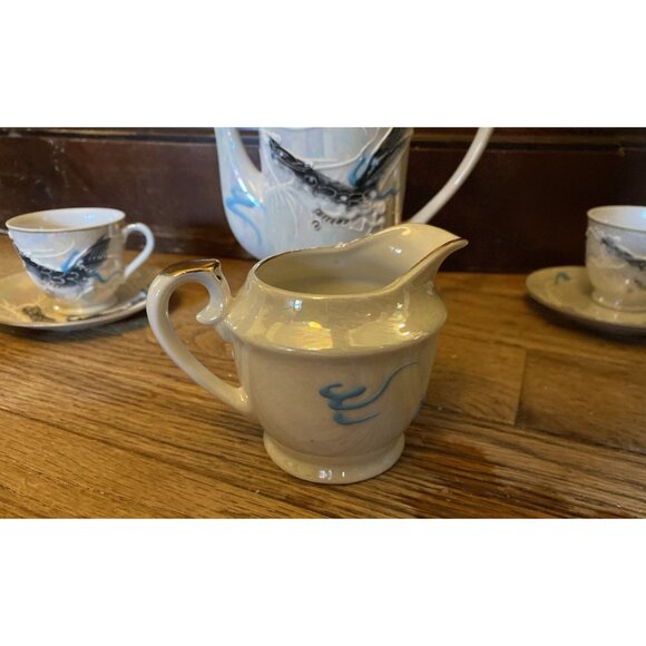 Vtg Japanese Moriage Dragonware Lithophane Geisha Coffee or Tea Set Black 15 Pc - Picture 6 of 16